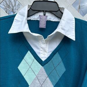 Teal Argyle Sweater with White Collar